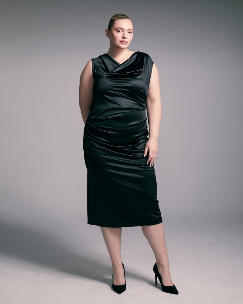 Front of a model wearing a size 1X Topanga Satin Stretch Cowl Dress in Black by L I V D. | dia_product_style_image_id:270281